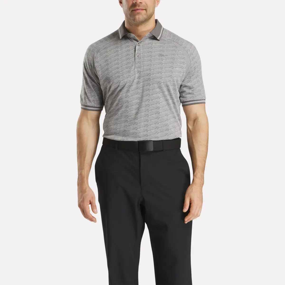 Herren-Poloshirt mit kurzen Ärmeln, tonalem Vector-Jacquard und geripptem Kragen Herren-Poloshirt mit kurzen Ärmeln, tonalem Vector-Jacquard und geripptem Kragen